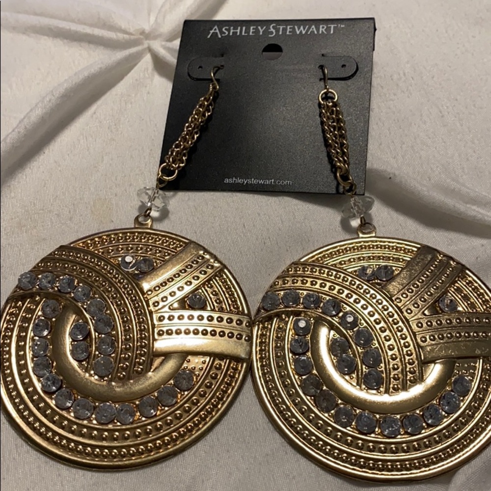 Rhinestone large gold tone earrings